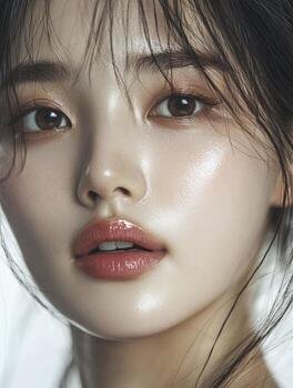 close-up-portrait-of-asian-woman-with-glossy-makeup-and-perfect-skin-photo
